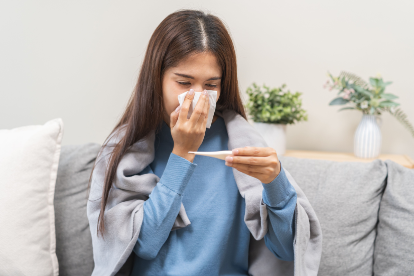 femeie cu febră și mucus